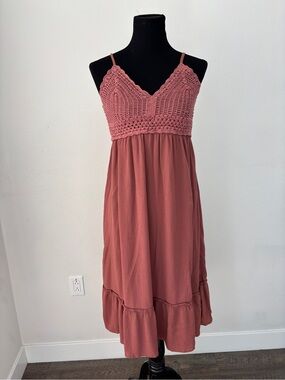 Indulge Crochet-Detail Spaghetti Strap Midi Dress in Dusty Rose